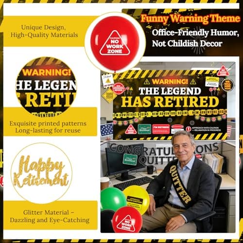 Retirement Party Decorations for Coworker, Funny Warning Theme Happy Retirement Decorations with Banner, Balloons & Cake Topper for Office Farewell, Retirement Decors for Men - Thumbnail 3