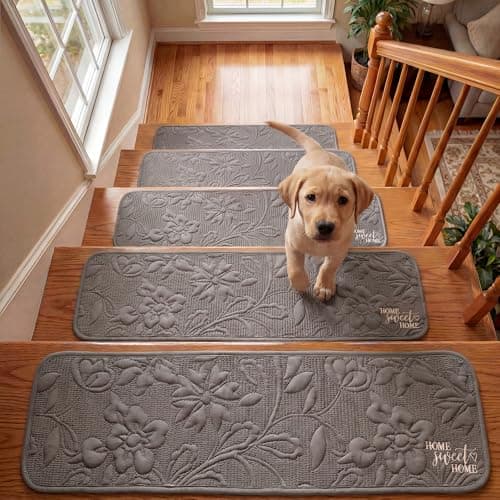 Stair Treads for Wooden Steps Indoor, Rugs Runners for Kids and Pets, 8" X 30" (15Pack) Stair Carpet Treads with Reusable Non-Slip Silicone Particles Backing, Machine Washable, Elegant Quilting-Khaki
