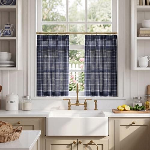 NICETOWN Pinch Pleated Cafe Curtains for Kitchen 2 Panels, W26 x L36 in, Blue Plaid Linen Blend Light Filtering Privacy Tier Cuurtains, Premium Valance for Living Room, Bathroom with Hooks - Image 1