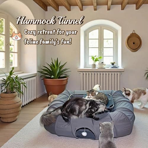 XxingSheep 2-Tier Cat Tunnel & Hammock Bed XXL, 4 Cave Shuttle with Elevated for Multiple Cats Toy Dark Grey - Thumbnail 2
