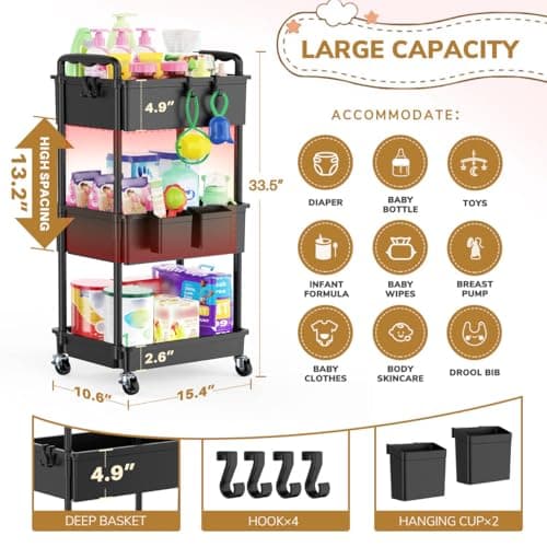 Goovilla Diaper Cart with Lockable Wheels and Easy Assembly, 3 Tier Black Rolling Cart for Baby Nursery Storage, Sturdy Ample Diaper Caddy Organizer for Baby Girl, Boy, New Mom, Newborn Essentials - Thumbnail 4