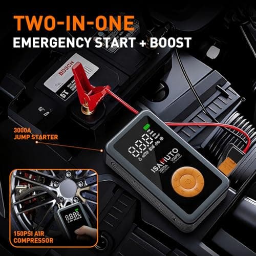 ISAMUTO 3000A Car Battery Jump Starter with Air Compressor, 150PSI Fast Inflate Portable Jump Starter (8L Gas 6L Diesel Engine), 4 in 1 Jump Box 12000mAh for Cars, Trucks, SUVs, Motorcycles - Thumbnail 3