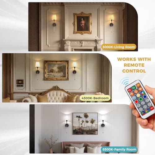 DORESshop Battery Operated Wall Sconce Set of 2, Wall Light Wireless Easy to Install, Dimmable and Adjustable Sconce Wall Decor, Rechargeable Wall Lamp for Bedroom, Living Room, Black and Glass 24.6in - Thumbnail 5