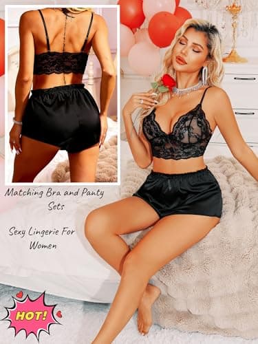 Rigeri Sexy Lingerie For Women Satin Pajama Lace Cami Short Pj Black XL - Thumbnail 4