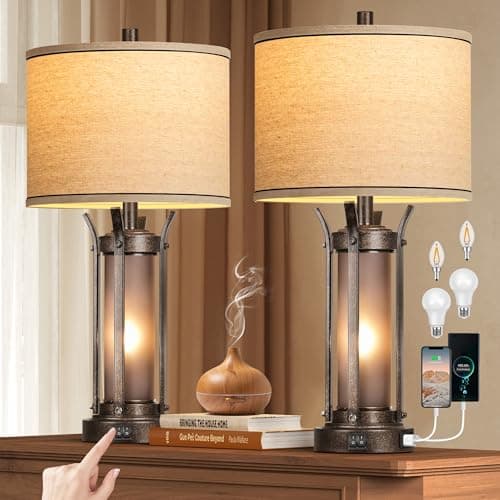 QiMH Farmhouse Table Lamps for Living Room, Rustic Beside Lamps for Bedroom with USB A+C Charging Ports, Nightstand Lamp with Frosted Glass Night Light for Home Decor, 4 Bulbs Included (Bronze) - Image 1