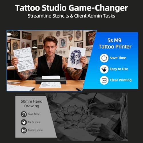 Milestone M9 Tattoo Stencil Printer, Wireless Bluetooth Thermal Portable Stencil Machine for Tattooing, Upgraded 2 in 1 Professional Tattoo Stencils & Document Printer Compatible with iOS/Android/PC - Thumbnail 3