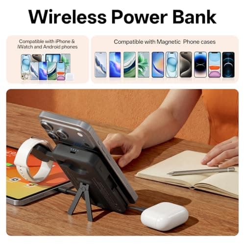Q Magnetic Portable Charger 10,000mAh, Travel Essentials Wireless Power Bank with Built-in Cables & Foldable Stand, External Battery Pack Compatible with iPhone 17/16/15/14/13/12, Apple Watch - Thumbnail 4