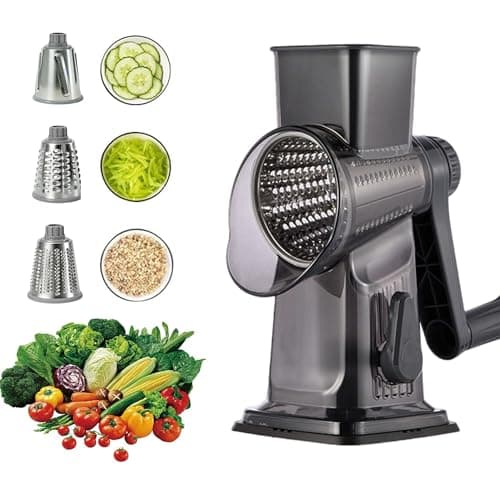 Spylandy 3-in-1 Manual Rotary Cheese Grater & Vegetable Slicer, Round Mandoline Food Chopper with 3 Interchangeable Blades, Strong Suction Base Hand Crank Grater for Cheese, Potato, Nuts & Veggies - Image 1