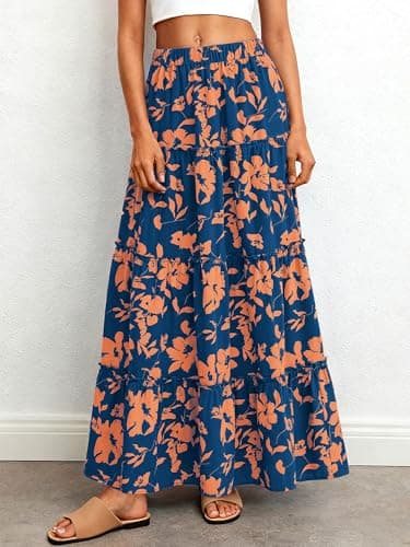 BTFBM Floral Maxi Skirts for Women Summer Spring 2026 Elastic Waist Tiered Flowy Beach Vacation Outfits Boho Long Skirt(Floral Blue Orange, XX-Large) - Thumbnail 2