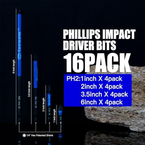 Facoow 16 Pack Phillips Impact Driver Bits, #2 Phillips Head Magnetic Screwdriver Bits Set, 1" - 6" S2 Alloy Steel Impact Bits, 1/4" Hex Shank Screwdriver Drill Bit, CNC Machined ph2 Impact Drill Bits - Thumbnail 2