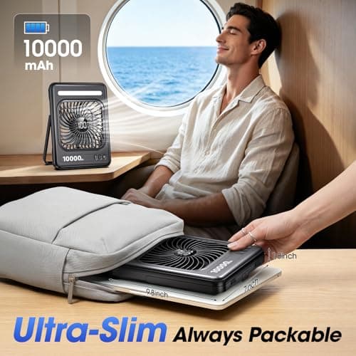 10000mAh Portable Travel Fan, 5 Speeds Strong Wind Cruise Fan with LED Lantern, 24H Runtime Cordless Personal USB Fan, 2/4/6/8H Timer, Ultra-thin Quiet Desk Fan for Camping, Office, Bedroom, Beach - Thumbnail 2