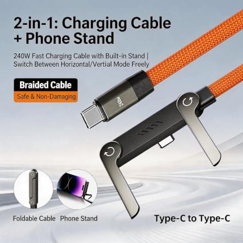 240w USB C to USB C Fast Charging Cable 5ft with Foldable Phone Stand, 90° Elbow Braided Type-C Cable, 2-in-1 Charger Cord for Gaming/Video Streaming, Compatible with iPhone 15/16/17, Samsung, Laptops - Thumbnail 4
