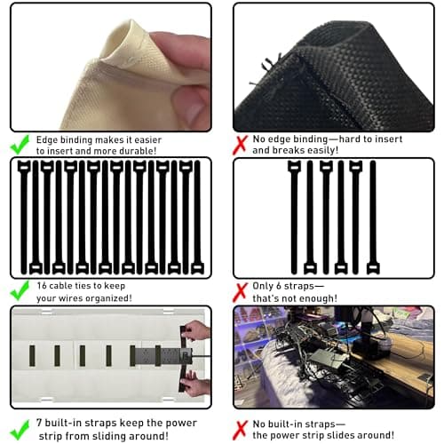 AHOMO [Upgraded] Under Desk Cable Management, 48" Cord Organizer, with Silicone Pads (No Scratch!), 16 Cable Ties, Washable PE Honeycomb Base,Fits Any Desk 0-2.1", No Stinky Cardboard!Beige 48"L x 6"W - Thumbnail 6