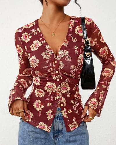 BTFBM Button Down Shirts for Women 2026 Spring Boho Tops V Neck Long Sleeve Blouses Ruched Mesh Fitted Fashion Clothing(Brown, Small) - Thumbnail 5