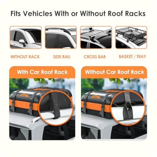 BATSUVCER Car Rooftop Cargo Carrier Bag 20 Cubic Feet, 100% Waterproof Heavy Duty Car Roof Bag for All Vehicle with/Without Racks - Anti-Slip Mat, 6 Door Hooks, Storage Bags, 5CM Straps(Orange) - Thumbnail 4