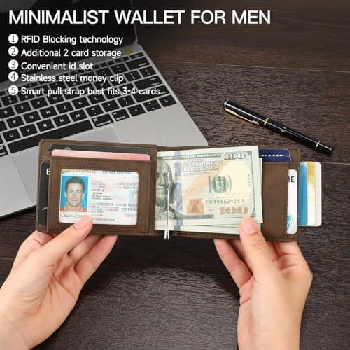 SENDEFN Slim Wallet for Men with Money Clip RFID Blocking Bifold Genuine Leather Minimalist Card Holder with ID Window （coffee） - Thumbnail 3