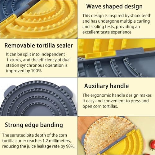 4-in-1 Tortilla Sealer Crimper Press – Adjustable 4"-6"-8"-10" Tortilla & Taco/Burrito Maker Tool with Metal Edge | Easy to Clean, BPA-Free, Durable & Fun for Family Cooking (Gray & Yellow) - Thumbnail 6