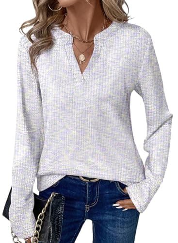 Dokotoo Womens Tops Dressy Casual V Neck Waffle Knit Tops for Women Trendy Henley Shirts Ladies Tops and Blouses Business Casual Outfits Spring 2026 Fashion Clothing Purple White Blouses XL - Image 1