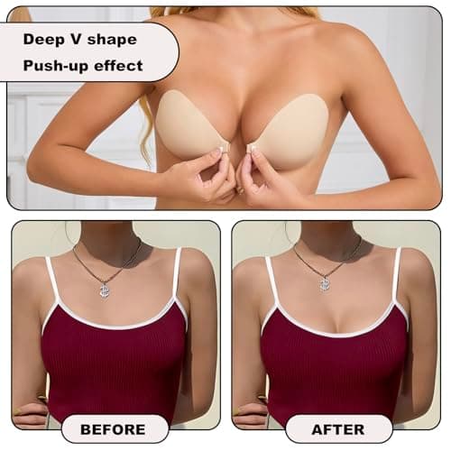 MITALOO Sticky Bra Slicone Adhesive Bra Seamless Push Up Invisible Strapless Backless Covers for Women Beige - Thumbnail 5