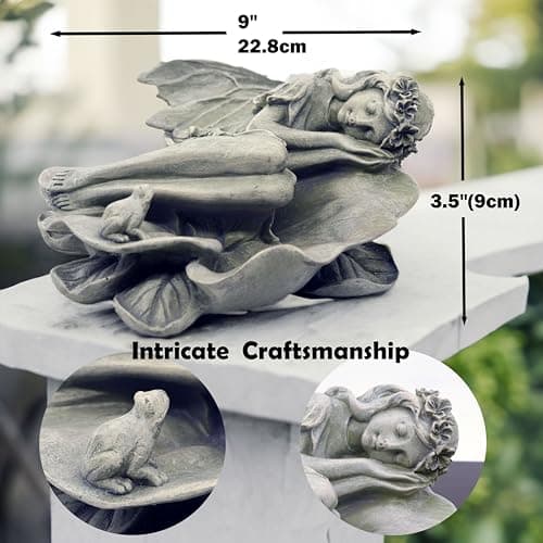 hvfun Garden Fairy Statue,Garden Sleeping Angel on Lotus Leaf with Bird Feeder Feature Outdoor Decor Sculptures Figurine Gardening Lawn - Thumbnail 2