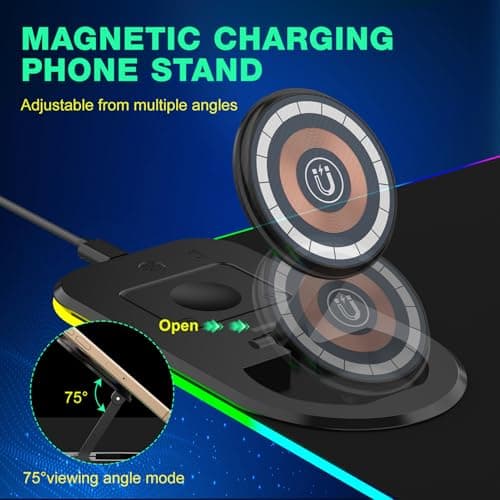 RGB Gaming Mouse Pad Wireless Charging Desk Mat with Foldable Phone Stand, Large LED Gaming Mat 800x350x4mm, 15 Light Modes, Waterproof, Keyboard Pad for PC Computer, Includes 20W PD Power Adapter - Thumbnail 4