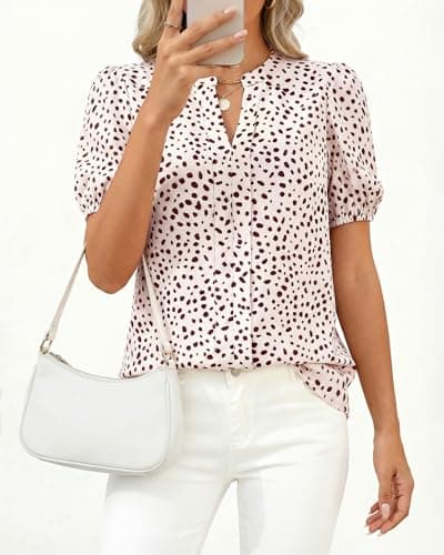 BTFBM Womens Tops 2026 Summer Casual Loose Puff Sleeve V Neck Floral Satin Work Blouse Dressy T Shirts Silk Tunics(Polka Dots Beige Brown,Medium) - Thumbnail 5