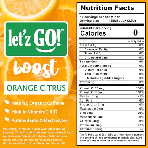 Let'z Go Clean Energy Drink Mix – Natural Caffeine Packets, Vitamins C + D, Electrolytes, Sugar-Free, Zero Calories | Anytime Energy | 15 Count (Orange Citrus) - Thumbnail 2