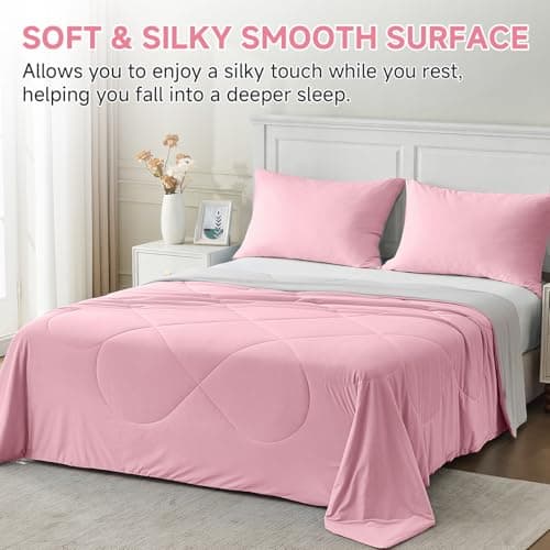 HOMFINE Cooling Comforter for Hot Sleepers - Both Sides Q-Max>0.45 Arc-Chill Cooling Fiber for All-Season, Breathable Soft Keep Cool Summer Blanket for Bed Couch Sofa, Pink, King - Thumbnail 4