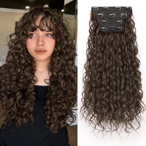 PHADRIA Curly Clip in Hair Extensions,4PCS 20 Inch 100％ Pure Protein Silk Hair Extensions long Soft Natural Hairpiece Lace Weft Curly Wave Clip Ins Extensions Invisible for Women(Medium Brown) - Image 1