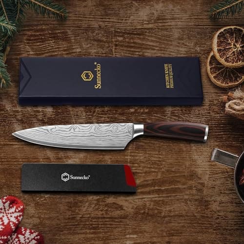 Sunnecko 8 Inch Chef Knife - Ultra Sharp 12-15 Degree Edge Kitchen Knife for Meat Vegetable Cutting Japanese Style, High Carbon Stainless Steel Blade, Pakkawood Handle &Sheath, Cooking Father Day Gift - Thumbnail 6