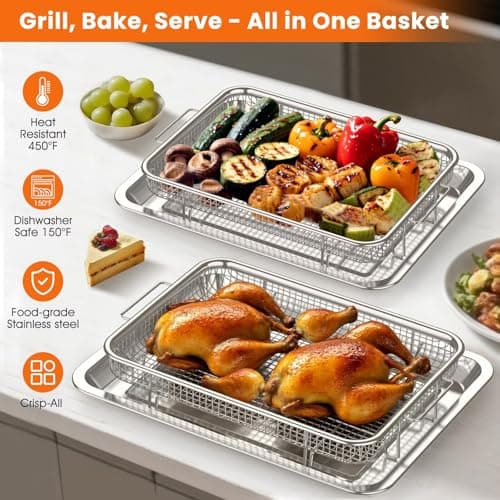 Xumilas Air Fryer Basket for Oven, 2 Set Stainless Steel Pan & Crisper Tray (15"x11" &12.8"x9.7") with 60 Parchment Papers, Family-Size Non-Stick Oven Basket for Baking Chicken, Fries, Dishwasher Safe - Thumbnail 6