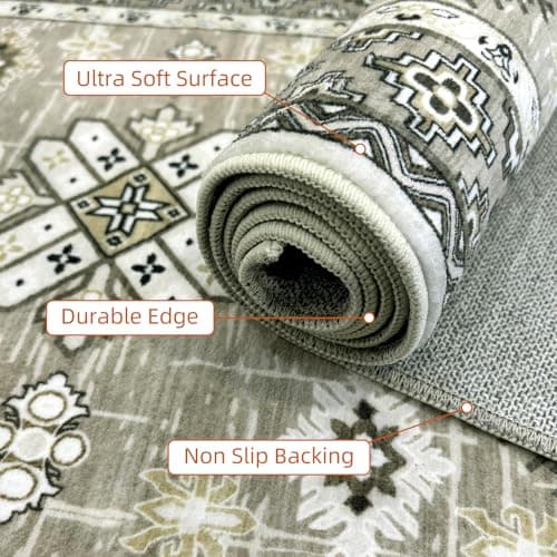 Boho Washable Area Rug 5x7, Large Soft Rugs for Living Room Farmhouse Vintage Beige Carpet 5x7 Area Rugs for Bedroom Dining Room Non-Slip Stain Resistant Under Table Rug - Thumbnail 6