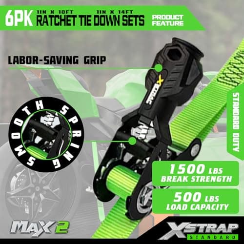 XSTRAP STANDARD 6-Pack Ratchet Tie Down Straps Set - 1 Inch 4 x 14ft & 2 x 10ft Tie-Down, 3300 lbs Break Strength Heavy Duty Cargo Straps with Coated S-Hooks for Moving, Motorcycle, Truck, Trailer - Thumbnail 6