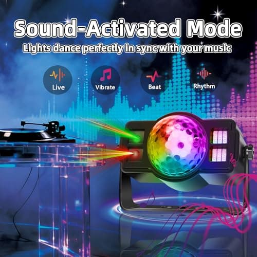 3-in-1 Disco Ball Party Lights, Sound Activated DJ Strobe Light with 60 Patterns, USB Powered Disco Light Projector for Room Decor, Glow Party Supplies, Birthday, Christmas, Halloween - Thumbnail 4