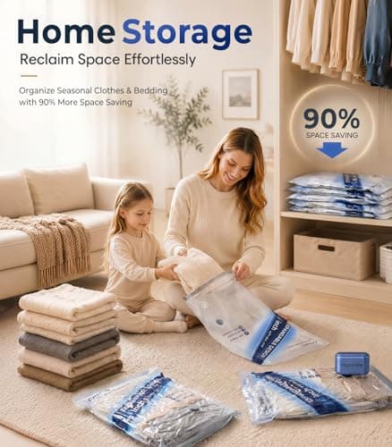 Vacuum Storage Bags for Travel with -70KPA Rechargeable Pump, 15 Pack Vacuum Seal Bags for Clothing, Space Saver Compression Bags for Luggage & Suitcase, Save 90% Space - Thumbnail 4