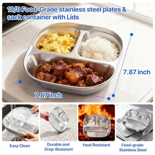 3 Pack Snack Containers,Lunch Box Containers,Food Grade Metal Base with a BPA Free Leakproof & Airtight Silicone Lid,Reusable Airtight Bento lunch Boxes, Kitchen Storage, Freezer (3 color) (Red) - Thumbnail 2