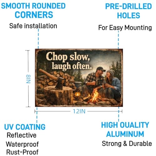 Chop Slow Laugh Often Vintage Tin Sign Rustic Outdoor Wall Decor Metal Plaque Camping Campfire Axe Wood Theme Cabin Garage Bar Farmhouse Humor Art 8x12 Inch Pre Drilled Holes - Thumbnail 5