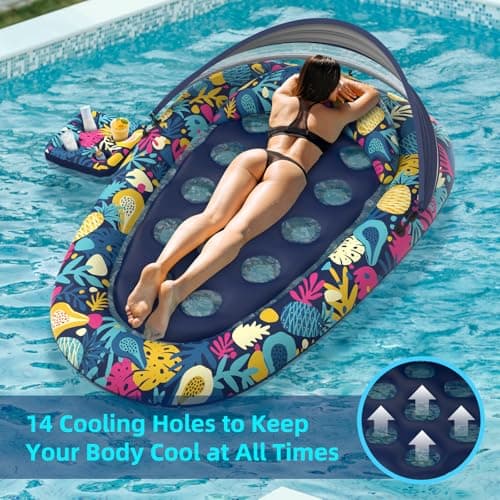 Sunikko X 3-in-1 Pool Floats with Canopy Cup Holder, Tanning Pool Large 73" x 48" Float Adult Heavy Duty, Inflatable Lounger Raft Floating Chair with Backrest, Swimming Pool Lake Beach Party - Thumbnail 4