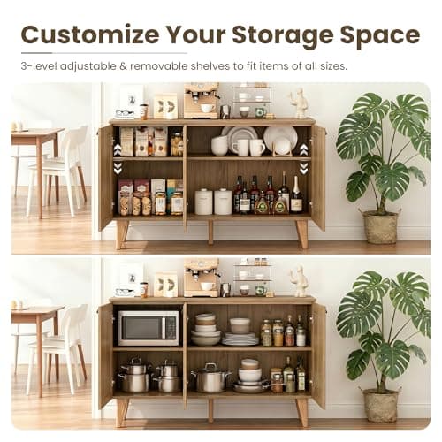 GREEN PARTY 47" Rattan Sideboard Buffet Cabinet with Storage, 3-Door Boho Coffee Bar Cabinet, Kitchen Storage Cabinet with Adjustable Shelves for Dining Room, Living Room, Entryway - Thumbnail 3