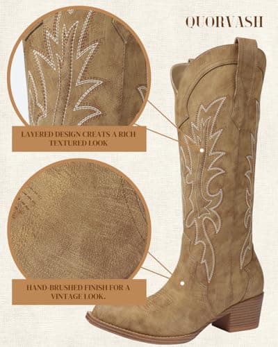 Quorvash Cowboy Boots for Women, Knee High Wide Calf Cowgirl Boots with Side Zipper, Snip Toe Western Boots, Brown Size 9.5 - Thumbnail 5