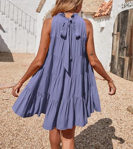 Okiwam Womens Summer Dress 2026 Sleeveless Halter Neck Flowy Mini Sundress Casual Babydoll Spring Beach Vacation Clothes-S Purple - Thumbnail 3