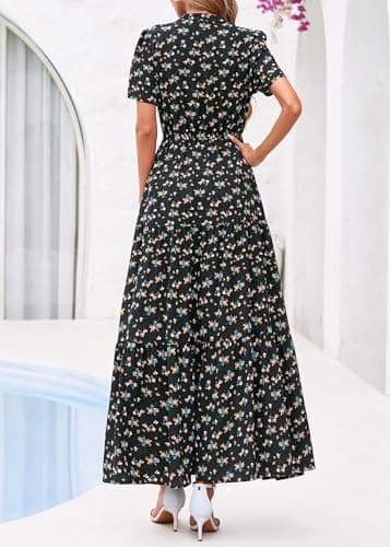 KIRUNDO Womens Summer Floral Maxi Dress Short Sleeve V Neck Boho Long Flowy Casual A Line Dresses 2026 Beach Vacation Outfits(Black Yellow Flower, Small) - Thumbnail 3