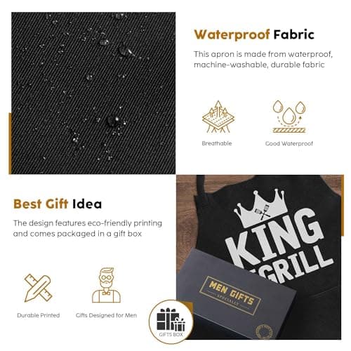 Kitchen Apron Gift for Men, BBQ Grilling Apron with 2 Pockets, Funny Birthday Christmas for Father Dda Husband Boyfriend, Water & Oil Resistant Protective Fabric, Adjustable Professional Chef Apron - Thumbnail 3