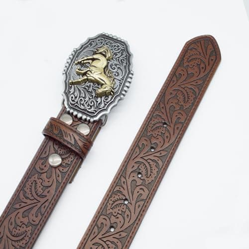 EONTISO Western Belt for Women Cowgirl Cowboy PU Leather Belts for Jeans, Floral Embossed Vintage Buckle, HorseBrown L - Thumbnail 5