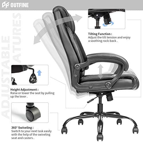 OUTFINE Office Chair Executive Office Chair Desk Chair Computer Chair with 5-Year hydrolysis-Resistant Leather Spring Cushion Ergonomic Support Tilting Function Upholstered in Bonded Leather Black - Thumbnail 6