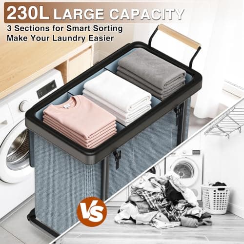 60 Gal (230L) Laundry Hamper 3 Section with Lid, Leather Patchwork Laundry Sorter with Rolling Lockable Wheels and Handle, Laundry Basket Organizer for Laundry Room, Bedroom and Bathroom - Gray - Thumbnail 4