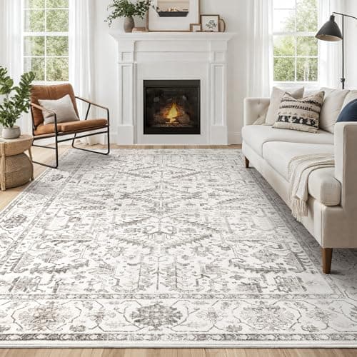 5x7 Area Rugs for Living Room - Washable Soft Large Vintage Rug Non-Slip Stain Resistant Traditional Stain Resistant Indoor Floor Low Pile Carpet for Bedroom Dining Room or Home Office - White - Image 1
