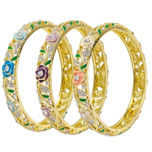 FIVESWEET Trendy 18K Gold Plated Bangle Bracelets Set for Women, Enamel Craft Jewelry-Floral Element , Retro Fashion Palace Style, Zinc Alloy with Rhinestones, 2.4Inch Diameter Fits Most Adults, Perfect Jewelry Gift Idea for Her, Girlfriend, Wife, Mom, Sister, Lover on Birthday, Christmas, Valentine's Day, Mother's Day (3, 3PCS-Floral-Rose) - Image 1