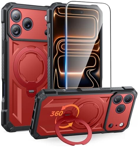FNTCASE for iPhone 17 Pro-Max Case: [360 Spin Magnetic Ring Kickstand] [Compatible for MagSafe] [Screen Protector] Heavy Duty Military Grade Protection Protective Phone Case with Stand Red - Image 1