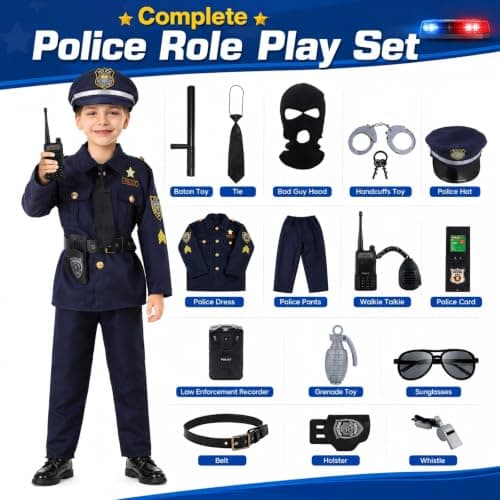 Skirfy 16PCS Police Officer Costume for Boys,Police Costume for Kids,16PCS Cop Toys with Uniform,Boy Toys,Kids Halloween Costumes Role Play Kit(Size M) - Thumbnail 3